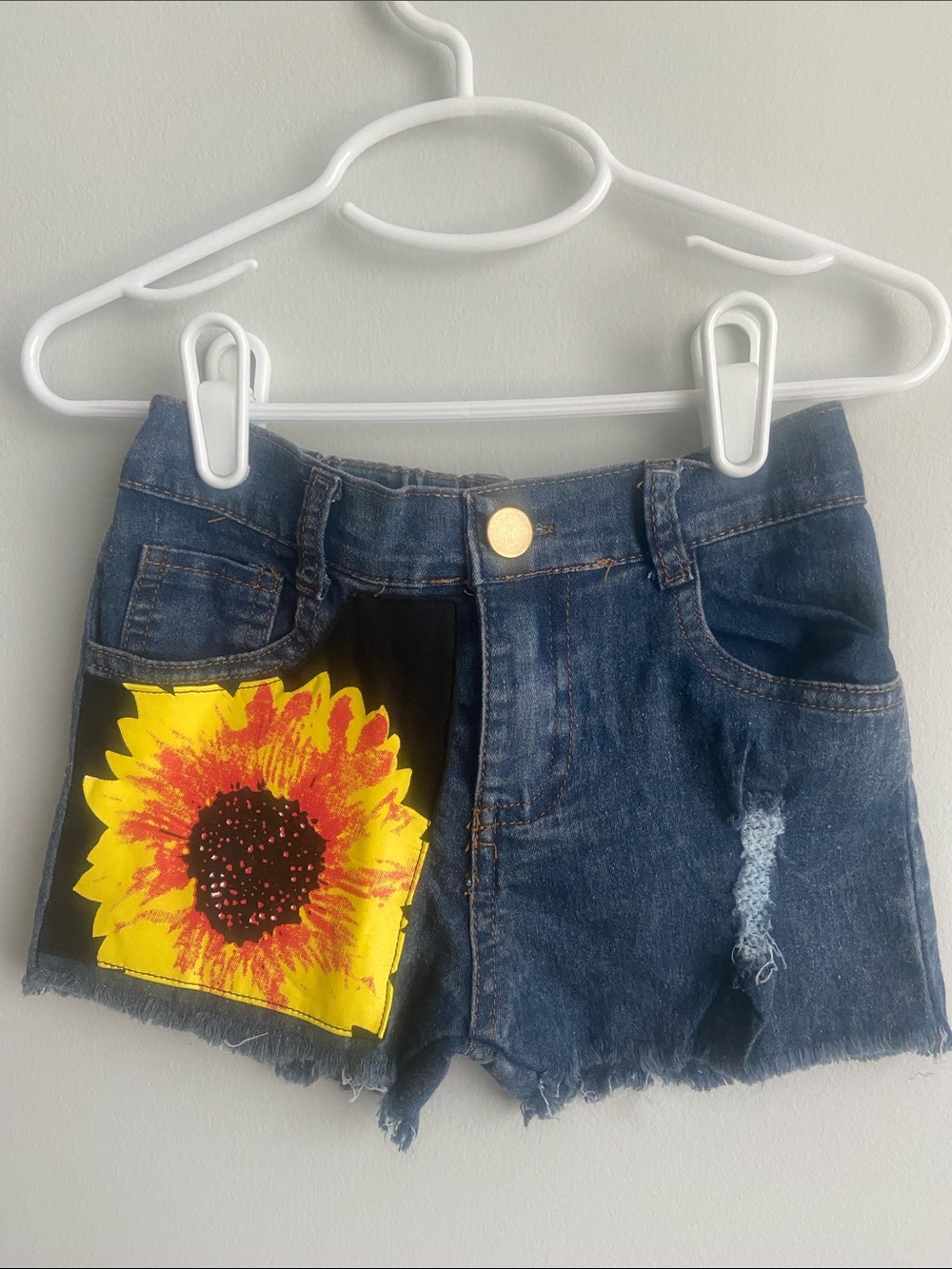 Amazon Dark Blue Denim Shorts with Yellow Sunflower Patch